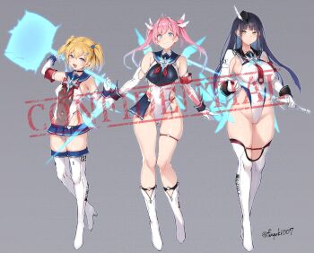 3girls black_hair blonde_hair boots breasts gloves hammer large_breasts leotard medium_breasts miniskirt multiple_girls nanahara_fuyuki pink_hair skirt small_breasts sword thigh_boots twintails weapon white_gloves