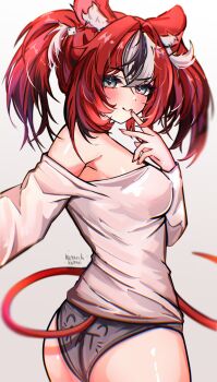 Rule 34 | 1girl, absurdres, alternate costume, animal ear fluff, animal ears, ass, bare shoulders, black streaks, blue eyes, breasts, clothes writing, covered erect nipples, double-parted bangs, finger to mouth, fingernails, grey background, hair between eyes, hakos baelz, highres, hololive, hololive english, ketari, medium breasts, mouse ears, mouse tail, multicolored hair, panties, reaching, reaching towards viewer, red hair, red nails, shirt, standing, streaked hair, tail, twintails, underwear, uneven twintails, virtual youtuber, white shirt, white streaks