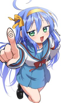 Rule 34 | 1girl, :3, absurdres, ahoge, black shoes, blue hair, blue sailor collar, blue skirt, bow, company connection, cosplay, fingerprint, green eyes, hair bow, hairband, highres, hirano aya, izumi konata, jitome, kazepana, kita high school uniform, light blush, loafers, long hair, long sleeves, looking at viewer, lucky star, mole, mole under eye, multiple hair bows, open mouth, sailor collar, school uniform, serafuku, shirt, shoes, simple background, skirt, solo, suzumiya haruhi, suzumiya haruhi (cosplay), suzumiya haruhi no yuuutsu, twitter username, voice actor connection, white background, white shirt, winter uniform, yellow bow, yellow hairband