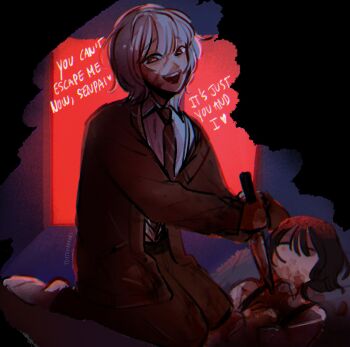 Rule 34 | 2boys, artist name, belt, black border, black hair, blood, blood on clothes, blood on face, bloody knife, border, bright pupils, brown cardigan, brown pants, cardigan, collared shirt, commentary, corpse, dark persona, diagonal-striped clothes, diagonal-striped necktie, english commentary, english text, fading border, hair between eyes, highres, kneeling, knife, long sleeves, looking at viewer, male focus, medium hair, multiple boys, murder, necktie, open cardigan, open clothes, open mouth, pants, red eyes, red necktie, saihate eki, shirt, socks, striped clothes, tatsunami shion, teeth, tosteurmori, upper teeth only, white hair, white pupils, white shirt, white socks