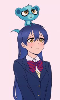 Rule 34 | 1boy, 1girl, animated, animated gif, aqua fur, artist name, blue hair, blue suit, blush, bow, bowtie, collared shirt, formal clothes, highres, himuhino, littlest pet shop, littlest pet shop (2012), love live!, love live! school idol project, mongoose, mongoose ears, mongoose tail, nervous sweating, shirt, sonoda umi, suit, sunil nevla, sweat, tail, tail wagging, white background, white shirt, yellow eyes