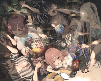 5girls bahamut_(nikke) bare_shoulders behemoth_(nikke) bikini black_bikini black_hair black_horns black_lips black_nails blush book breasts brown_hair closed_eyes commentary covering_own_eyes ear_piercing english_commentary forehead four_beasts_(nikke) gloomyowl goddess_of_victory:_nikke green_eyes grey_hair grey_streaks hair_over_one_eye heretics_(nikke) highres horns hospital_gown in_shopping_cart large_breasts leviathan_(nikke) long_hair mirror multicolored_hair multiple_girls navel one_side_up only_one_(nikke) open_mouth parted_bangs piercing pink_hair pointy_ears ponytail pubic_tattoo red_eyes sharp_teeth shiny_eyes shopping_cart small_breasts smile streaked_hair supermarket swimsuit symbol-shaped_pupils tattoo teeth thighs very_long_hair white_gown ziz_(nikke)