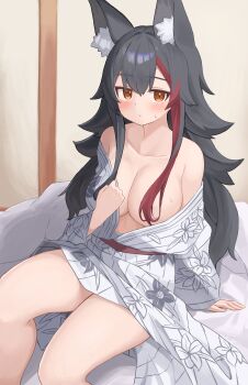 1girl absurdres alternate_costume animal_ears black_hair blush breasts commentary_request convenient_hair flipped_hair floral_print floral_print_kimono highres hololive indoors japanese_clothes kajitsu_no_hito kimono large_breasts long_hair long_sidelocks looking_at_viewer multicolored_hair naked_kimono off_shoulder ookami_mio print_kimono red_hair sidelocks sitting solo spiked_hair streaked_hair very_long_hair virtual_youtuber white_kimono wolf_ears wolf_girl yellow_eyes yukata