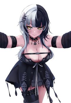 1girl absurdres black_arm_warmers black_dress black_hair breasts chest_belt choker cleavage commentary cowboy_shot dress english_commentary eyelashes gloryaldelly hair_ornament highres hololive hololive_english kabedon_on_viewer lace lace-trimmed_choker lace_choker lace_trim large_breasts long_hair looking_at_viewer multicolored_hair outstretched_arms parted_lips shiori_novella shiori_novella_(1st_costume) simple_background smile solo split-color_hair striped_arm_warmers two-tone_hair virtual_youtuber white_background white_hair yellow_eyes