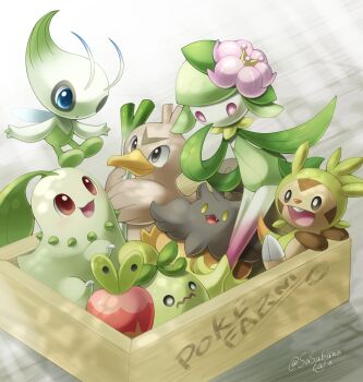 applin beak black_eyes blue_eyes box celebi chespin chikorita closed_mouth farfetch'd food gen_1_pokemon gen_2_pokemon gen_6_pokemon gen_8_pokemon grey_eyes hand_up highres hisuian_lilligant holding holding_food holding_spring_onion holding_vegetable in_box in_container legendary_pokemon mythical_pokemon nintendo open_mouth parted_lips pink_eyes pokemon pokemon_(creature) pumpkaboo red_eyes sasabunecafe smile smoliv spring_onion teeth twitter_username upper_teeth_only vegetable wavy_mouth wooden_box yellow_eyes
