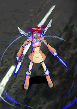 1girl absurdres armor autobot blue_eyes boots cyborg dark-skinned_female dark_skin energy_sword female_focus glowing glowing_eyes hair_ornament hairclip highres looking_at_viewer red_hair ringo_(pinafores) sari_sumdac science_fiction short_hair skirt solo sword transformers twintails weapon wings