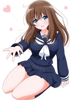 Rule 34 | 1girl, :d, aqua eyes, blue sailor collar, blue shirt, blue skirt, brown hair, collarbone, commentary request, hair between eyes, heart, hibike! euphonium, highres, imai kazunari, kuroe mayu, long hair, long sleeves, looking at viewer, open mouth, outstretched arm, sail, sailor collar, school uniform, serafuku, shirt, sidelocks, simple background, sitting, skirt, smile, solo, thighs, white background