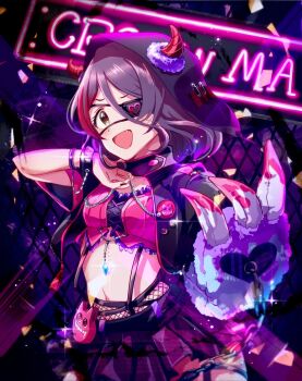 Rule 34 | 1girl, anaroguya, badge, belt, black belt, black collar, black jacket, blood, blurry, blush, bracelet, breasts, brown eyes, chain, chain-link fence, claws, collar, confetti, cowboy shot, crop top, cropped jacket, demon horns, detached collar, eyepatch, fake claws, fake horns, fang, fence, frilled tube top, frills, fur gloves, glint, gloves, hair between eyes, hands up, hayasaka mirei, heart, heart print, highres, hood, horns, idolmaster, idolmaster cinderella girls, idolmaster cinderella girls starlight stage, jacket, jewelry, looking at viewer, midriff, multicolored hair, navel, neon lights, open clothes, open jacket, open mouth, pink blood, pink tube top, pleated skirt, purple background, purple hair, purple skirt, red hair, short hair, short sleeves, skirt, small breasts, smile, solo, standing, strapless, streaked hair, tube top, white gloves