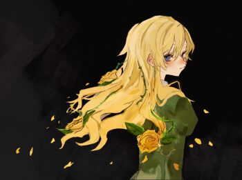 Rule 34 | 1girl, black background, blonde hair, blue eyes, blush, closed mouth, collared dress, dress, floating hair, flower, from behind, gradient background, green dress, highres, ib (kouri), juliet sleeves, long hair, long sleeves, looking at viewer, looking back, mary (ib), nose blush, petals, puffy sleeves, rose, solo, thorns, uki bukuro, upper body, yellow flower, yellow rose