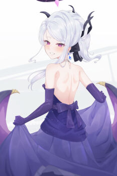 1girl absurdres back backless_outfit bare_shoulders black_halo blue_archive blush clothes_lift commentary_request demon_girl demon_horns demon_wings dress dress_lift earrings elbow_gloves evening_gown gloves halo highres hina_(blue_archive) hina_(dress)_(blue_archive) horns iicecall jewelry lifting_own_clothes long_hair looking_at_viewer looking_back official_alternate_costume official_alternate_hairstyle open_mouth purple_dress purple_gloves smile solo white_background white_hair wings