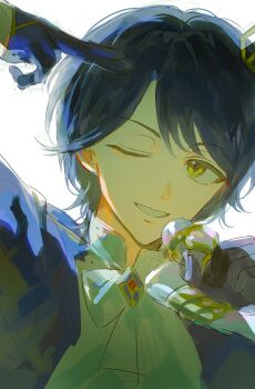 1boy absurdres black_gloves blue_hair gloves hand_to_head highres holding holding_microphone idol_time_pripara looking_at_viewer male_focus microphone mzzzzzang one_eye_closed pretty_series pripara salute short_hair simple_background smile solo takase_koyoi two-finger_salute upper_body white_background yellow_eyes