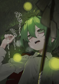 1girl antennae black_cape blurry cape collared_shirt commentary_request crying crying_with_eyes_open depth_of_field fireflies green_eyes green_hair highres impaled juliet_sleeves kanpa_(campagne_9) long_sleeves lying on_back on_grass open_mouth puffy_sleeves red_cape shirt short_hair solo tears teeth touhou translation_request upper_teeth_only white_shirt wriggle_nightbug