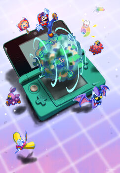 antasma antasma_(bat) black_sclera blue_overalls brown_hair brown_shoes closed_eyes colored_sclera dream_stone&#039;s_spirit dreamcap dreamcap_captain facial_hair gloves half-closed_eyes handheld_game_console hat heart heart-shaped_pupils highres luigi maribou_(supermaribou) mario mario_&amp;_luigi:_dream_team mario_&amp;_luigi_rpg mario_(series) mustache nintendo nintendo_3ds open_mouth overalls prince_dreambert propellion red_hat red_shirt rolling sharp_teeth shirt shoes smile symbol-shaped_pupils teeth white_gloves