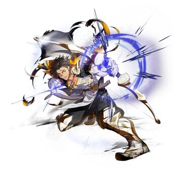 Rule 34 | 1boy, armor, armored boots, battle damage, black pants, black tunic, boots, bow (weapon), brown hair, cape, claude von riegan, claude von riegan (almyra's king) (resplendent), claude von riegan (timeskip), commentary, dark-skinned male, dark skin, dd (vktr4837), english commentary, epaulettes, fire emblem, fire emblem: three houses, fire emblem heroes, full body, gloves, green eyes, holding, holding bow (weapon), holding weapon, looking at viewer, male focus, nintendo, official alternate costume, official art, pants, parted lips, short hair, shoulder armor, simple background, single epaulette, smile, solo, third-party source, torn clothes, tunic, weapon, white background, white cape, white gloves, white tunic, yellow cape