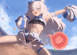 1boy 1girl bare_shoulders blue_eyes blush bow cheerleader clothed_sex cowgirl_position crop_top cum ejaculation fertilization flat_chest girl_on_top goddess_of_victory:_nikke hair_bow hetero highres impregnation loli long_hair miniskirt navel open_mouth ovum panties peachyp poli_(cheer_up_police)_(nikke) poli_(nikke) pom_pom_(cheerleading) pussy sex short_twintails skirt smile sperm_cell sports_bra spread_legs straddling thighs twintails underwear vaginal white_hair