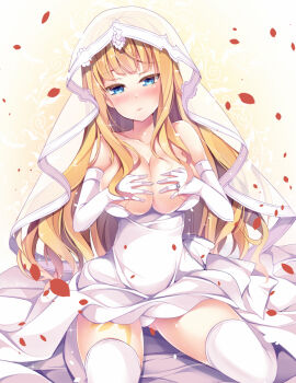 1girl 3: alternate_costume alternate_hairstyle bare_shoulders beatrice_(umineko) blonde_hair blue_eyes blunt_bangs blush breast_suppress breasts breasts_squeezed_together cleavage closed_mouth dress embarrassed eyebrows female_focus gloves jewelry large_breasts murasakio ornate_ring panties pantyshot petals ring see-through_clothes sitting solo thighhighs umineko_no_naku_koro_ni underwear veil wedding_dress wedding_ring white_dress white_gloves white_panties white_thighhighs