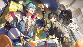 3boys abby_(wuthering_waves) absurdres black_hair black_jacket black_pants blue_hair blue_shirt brant_(wuthering_waves) calcharo_(wuthering_waves) closed_eyes commentary_request confused hair_between_eyes hand_up highres holding jacket male_focus male_rover_(wuthering_waves) multiple_boys namipon_(wuthering_waves) open_clothes open_mouth open_shirt pants rover_(wuthering_waves) shirt sitting sjamki smile tacet_mark_(wuthering_waves) thinking wuthering_waves