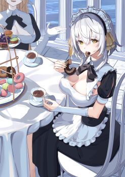 2girls absurdres apron berry black_dress black_ribbon blonde_hair breasts cake chair chocolate_donut cleavage cup donut dress eating food gloves grey_hair highres holding holding_cup large_breasts looking_at_viewer macaron maid maid_apron maid_headdress multiple_girls on_chair open_mouth original pink_donut puffy_sleeves ribbon ringopan short_hair thighhighs tile_floor tiles water white_apron white_gloves