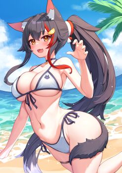 1girl :d absurdres animal_ears beach bikini black_choker black_hair blue_sky breasts choker claw_pose cloud day deaver fang foot_up hair_ornament highres hololive large_breasts long_hair multicolored_hair navel ocean ookami_mio open_mouth orange_eyes outdoors pendant_choker ponytail red_hair side-tie_bikini_bottom sidelocks sky smile solo stomach streaked_hair swimsuit tail thigh_strap very_long_hair virtual_youtuber wet white_bikini wolf_ears wolf_girl wolf_tail