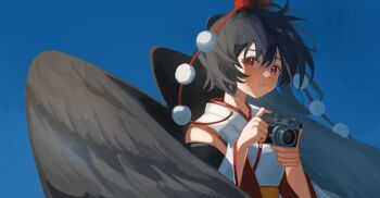 Rule 34 | 1girl, bird wings, black hair, blue sky, brown wings, camera, commentary, day, detached sleeves, feathered wings, hat, highres, hirachill16, holding, holding camera, japanese clothes, kimono, kourindou tengu costume, looking at viewer, official alternate costume, pom pom (clothes), red eyes, red hat, shameimaru aya, short hair, sky, solo, tokin hat, touhou, upper body, white kimono, wings