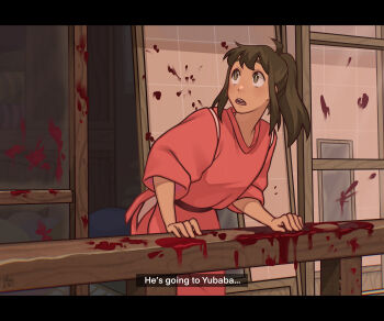 1girl absurdres ahoge bent_over black_eyes black_hair blood commentary derivative_work english_commentary english_text gluca highres japanese_clothes letterboxed ogino_chihiro open_mouth ponytail screenshot_redraw sen_to_chihiro_no_kamikakushi shouji sidelocks sliding_doors solo subtitled