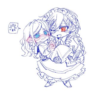 Rule 34 | 2girls, ;d, blue theme, blush, braid, carrying, ceras yanagida lilienfeld, commentary, deformed, dress, embarrassed, hair ornament, hair ribbon, hasu no sora school uniform, katsuragi izumi, link! like! love live!, loading icon, long dress, long hair, long sleeves, love live!, maid, maid headdress, monochrome, monocle, multiple girls, neckerchief, nose blush, official alternate costume, one eye closed, open mouth, parted bangs, pleated dress, princess carry, ribbon, ringed eyes, sailor collar, sailor dress, school uniform, shoes, simple background, single braid, smile, spoken symbol, spot color, sweatdrop, symbol-only commentary, triangle hair ornament, virtual youtuber, white background, winter uniform, yrxy settingsun, yuri