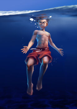 1boy barefoot blue_sky bubble holding_breath male_focus male_swimwear nipples original ryou_hiryuu short_hair sky solo swim_trunks swimming topless_male underwater