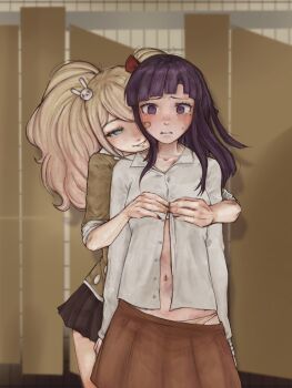2girls after_rape bandaid bandaid_on_cheek bandaid_on_face bathroom black_skirt blush bow brown_skirt bruise buttoning collarbone commission danganronpa:_trigger_happy_havoc danganronpa_(series) danganronpa_2:_goodbye_despair english_text enoshima_junko grey_shirt hair_bow hair_ornament highres hope&#039;s_peak_academy_school_uniform imaginaryiand indoors injury long_hair miniskirt mole mole_under_eye multiple_girls no_jacket panties rabbit_hair_ornament red_bow school school_uniform shirt skirt tears tsumiki_mikan underwear white_panties yuri