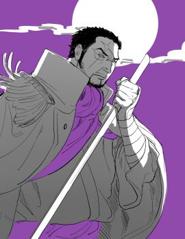 1boy absurdres beard blind closed_mouth cloud coat coat_on_shoulders collared_coat commentary epaulettes facial_hair fujitora_(one_piece) greyscale_with_colored_background highres holding holding_sword holding_weapon male_focus one_piece scar scar_across_eye scar_on_face short_hair sideburns solo sword weapon yao_yasan