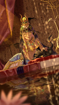 1girl absurdres ancient_egyptian_clothes animal aqunaqunyingfen armlet bangle bare_shoulders bedroom black_cat black_hair bra bracelet breasts cat chinese_commentary cleavage closed_mouth commentary crown curtains dark-skinned_female dark_skin feet_out_of_frame flower fountain gold_armlet gold_bracelet hair_flowing_over hair_ornament hand_on_own_head hieroglyphics highres indoors jewelry lightborn_grace_(shining_nikki) lipstick long_hair long_skirt looking_at_viewer lotus lying makeup medium_breasts multiple_bracelets nail_polish nikki_(series) nostrils on_bed on_side petting pink_flower pool realistic red_lips red_nails reflection reflective_liquid ripples shining_nikki skirt smile solo stomach straight_hair strapless strapless_bra underwear usekh_collar very_long_hair white_skirt yellow_bra yellow_eyes