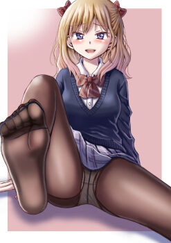 1girl blonde_hair blue_eyes blush bow feet hair_bow highres long_hair looking_at_viewer natorigon open_mouth panties panties_under_pantyhose pantyhose pantyshot school_uniform soles toes underwear