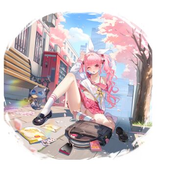 >_< 1girl 1other absurdres ace_(playing_card) ace_of_hearts animal_ear_hairband animal_ears animal_request ankle_socks artist_request badge bag bench black_shoes blue_eyes blue_necktie bottle bow bowtie bra bra_peek brand_name_imitation bread bread_slice breasts building button_badge card cellphone cherry_blossoms chips_(food) chipy collarbone earrings eating fake_animal_ears fallen_down falling_petals flower_hairtie food food_in_mouth furry hairband hand_on_own_head heart highres hoshimiya_kana jack_(playing_card) jack_of_hearts jewelry lay's_(potato_chips) letter logo_parody long_hair long_sleeves midriff motion_lines navel necktie official_alternate_costume official_art on_ground open_mouth outdoors panties pantyshot path petals phone pink_bra pink_eyes pink_sailor_collar pink_skirt playing_card pleated_skirt pocky poker_fate potato_chips rabbit_ear_hairband rabbit_ears road running sailor_collar school_uniform serafuku shirt shoes shoulder_bag single_off_shoulder single_shoe six_of_hearts skirt socks solo_focus star_(symbol) star_earrings street sweat tearing_up thighs underboob underwear unworn_shoes vending_machine water_bottle white_panties white_serafuku white_shirt white_socks yellow_bow yellow_bowtie
