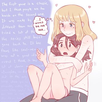 2girls absurdres age_difference amy_forest august_(amy_forest) black_pants blonde_hair blue_eyes blush brown_hair couple dark_souls_(series) dark_souls_ii english_text flat_chest green_eyes hair_between_eyes highres hug hug_from_behind loli long_hair maggie_(amy_forest) multiple_girls nipples nose_blush onee-loli original panties pants pink_panties sharp_teeth sitting sitting_on_lap sitting_on_person speech_bubble teeth thought_bubble topless_female underwear wall_of_text yuri