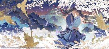 Rule 34 | animal, architecture, belt, bird, black eyes, black hair, blue belt, blue hanfu, blue sky, bow, chinese clothes, city, commentary, east asian architecture, english commentary, evening, floating hair, flower, glowing, gold, grass, gu mang, hand on another's back, hand on another's chest, hand on another's face, hanfu, highres, hug, lens flare, long hair, long sleeves, male focus, mo xi (yuwu), mountain, official art, outdoors, people, purple belt, purple bow, red ribbon, red sky, ribbon, scenery, silhouette, sky, smile, sparkle, sunset, suto (sakumaaritsu), tree, very long hair, waist bow, white flower, wide sleeves, yaoi, yuwu