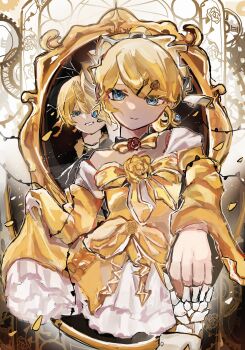 aku_no_meshitsukai_(vocaloid) aku_no_musume_(vocaloid) allen_avadonia bare_shoulders blonde_hair blue_eyes bow bow_choker broken_mirror brother_and_sister choker collared_shirt commentary_request dancing dress earrings evillious_nendaiki falling_petals flower flower_choker frilled_dress frills gears hair_bow hair_ornament hairclip head_tilt high_ponytail highres implied_death jewelry kagamine_len kagamine_rin looking_at_viewer mirror off-shoulder_dress off_shoulder peach_4839 petals petticoat ponytail pov pov_hands red_flower red_rose riliane_lucifen_d&#039;autriche roman_numeral rose shirt siblings sidelocks skeletal_hand skirt_hold smile stained_glass swept_bangs symbolism thorns twins updo vocaloid wide_sleeves wind yellow_bow yellow_choker yellow_dress yellow_flower yellow_rose
