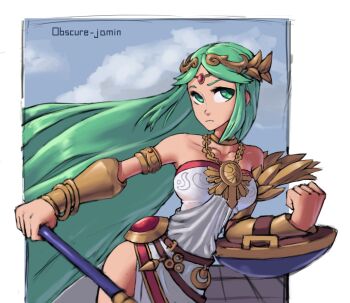 1girl arm_shield artist_name chain circlet collarbone commentary english_commentary gold_chain green_eyes green_hair holding holding_staff jewelry kid_icarus kid_icarus_uprising nintendo obscure-jam palutena pendant solo staff
