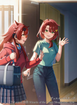 2girls aqua_shirt bag black_bow black_bowtie black_choker bow bowtie breasts brown_hair choker copyright_notice denim doorknob doorway dragon_musume_ni_naritakunai! duel_masters green_eyes hair_ornament hair_ribbon hairpin hood hoodie jeans large_breasts long_hair long_sleeves looking_to_the_side low_side_ponytail maguma_mega maguma_megu medium_hair mother_and_daughter multiple_girls niwachichi_(maekawasan) official_art open_door open_mouth pants plaid_clothes plaid_skirt pleated_skirt red_bow red_bowtie red_hair red_hoodie ribbon school_bag shirt short_sleeves shoulder_bag skirt t-shirt teeth upper_teeth_only very_long_hair waving white_shirt yellow_eyes