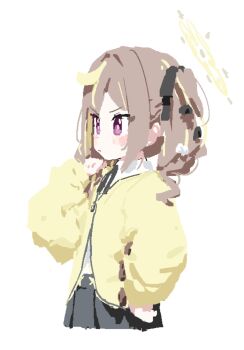 1girl azmira1534815 black_ribbon black_skirt blonde_hair blue_archive blush blush_stickers bright_pupils brown_hair cardigan closed_mouth cropped_legs from_side grey_skirt hair_ribbon halo hand_up highres long_hair long_sleeves looking_ahead multicolored_hair neck_ribbon pleated_skirt puffy_long_sleeves puffy_sleeves purple_eyes rena_(blue_archive) ribbon shirt simple_background skirt solo streaked_hair twintails v-shaped_eyebrows white_background white_pupils white_shirt yellow_cardigan yellow_halo