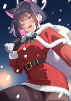 absurdres animal_ears black_hair black_pantyhose blue_archive cat_ears cat_girl halo highres kazama_gorou kazusa_(blue_archive) looking_at_viewer medium_hair multicolored_hair pantyhose pink_eyes pink_hair pink_halo santa_costume thighband_pantyhose thighs two-tone_hair