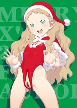 1girl :d bar_censor blonde_hair blue_eyes censored christmas clitoris female_focus gluteal_fold hat highres leotard loli long_hair looking_at_viewer open_mouth original pussy red_leotard santa_hat shadow smile solo standing takatou_sora tampon teeth