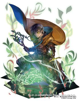 Rule 34 | 1boy, armor, baggy pants, belt, belt buckle, black belt, black hair, blue eyes, blue gemstone, braid, brown gloves, buckle, cloak, closed mouth, commentary request, dark-skinned male, dark skin, dual wielding, earrings, fantasy, gem, gloves, heterochromia, holding, holding sword, holding weapon, jewelry, leaf, moreshan, official art, pants, plant, shoes, short hair, side braid, single earring, slit pupils, solo, squatting, staff, sword, sword world, sword world 2.5, weapon, white background, yellow eyes