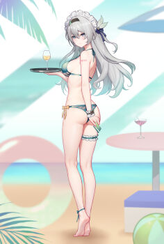 1girl absurdres alternate_costume aqua_bikini ass barefoot beach bikini blush breasts card chinese_commentary closed_mouth commentary_request cup drinking_glass feet firefly_(honkai:_star_rail) frilled_hairband frills full_body grey_hair hair_ornament hairband highres holding holding_card holding_tray honkai:_star_rail honkai_(series) kneepits large_variant_set long_hair looking_at_viewer maid_headdress medium_breasts paid_reward_available purple_eyes soles solo standing swimsuit thigh_strap thighs tray variant_set white_hairband white_headdress wristband yunkaiming