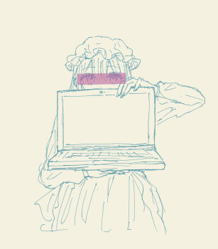 1girl bar_censor blonde_hair censored commentary computer dress hair_between_eyes hat highres holding holding_laptop kashiwada_kiiho laptop long_sleeves looking_at_viewer maribel_hearn mob_cap monochrome simple_background sitting sleeve_cuffs solo spot_color symbol-only_commentary touhou white_hat