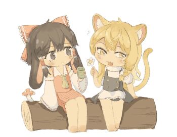 2girls :&lt; animal_ear_fluff animal_ears apron bare_arms bare_legs bare_shoulders barefoot black_hair black_skirt black_vest blonde_hair bow braid brown_eyes cat_ears cat_girl cat_tail chibi closed_mouth collared_shirt commentary_request cup detached_sleeves expressionless fangs flower flying_sweatdrops frilled_apron frilled_bow frilled_hair_tubes frills gold_buttons hair_between_eyes hair_bow hair_tubes hakurei_reimu highres holding holding_cup holding_flower kemonomimi_mode kirisame_marisa large_bow light_frown long_hair long_sleeves loose_hair_strand lop_rabbit_ears miaoliang01075 miniskirt multiple_girls mushroom nervous nervous_smile no_headwear on_log pleated_skirt puffy_short_sleeves puffy_sleeves rabbit_ears rabbit_girl red_bow red_skirt red_vest ribbon-trimmed_sleeves ribbon_trim shirt short_hair short_sleeves simple_background single_braid sitting skin_fangs skirt skirt_set sleeveless sleeveless_shirt smile tail touhou turtleneck turtleneck_shirt very_long_hair vest waist_apron white_apron white_background white_bow white_flower white_shirt white_sleeves wide_sleeves yellow_eyes yunomi yuri
