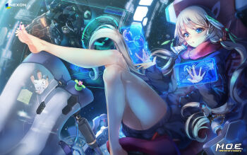 1girl bad_source bare_legs barefoot black_coat black_sweater blue_eyes blush character_sticker coat cockpit commentary_request company_logo company_name controller copyright_logo copyright_name drinking drinking_straw drinking_straw_in_mouth grey_hair hair_ornament highres holding_with_feet holographic_interface joystick korean_commentary logo long_hair master_of_eternity mecha official_art partially_unzipped pink_scarf rabbit rabbit_hair_ornament rabbit_sticker rachel_(master_of_eternity) reclining robot scarf science_fiction sitting sleeves_past_wrists solo space sticker sweater very_long_hair