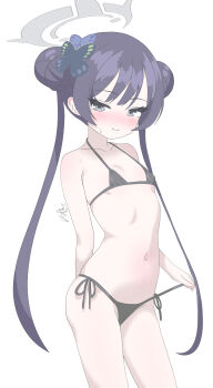 1girl absurdres bikini black_bikini black_hair blue_archive breasts butterfly_hair_ornament contrapposto cowboy_shot double_bun grey_eyes grey_halo hair_bun hair_ornament halo highres kisaki_(blue_archive) loli long_hair looking_at_viewer runarie side-tie_bikini_bottom simple_background small_breasts solo swimsuit twintails white_background