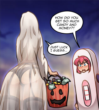 2girls alekseygutierrez ass back blue_eyes blush butt_crack cameltoe candy english_text food garter_straps ghost_costume halloween halloween_costume jack-o'-lantern median_furrow meme money multiple_girls open_mouth original pink_hair pregnancy_test see-through_clothes sheet_ghost thighs thong trick-or-treating underwear