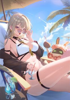 >_< 1girl absurdres adjusting_eyewear alternate_costume bangboo_(zenless_zone_zero) beach beach_umbrella bikini black_choker blonde_hair blue_sky breasts chair choker collarbone commentary cup drinking_glass drinking_straw earrings evelyn_chevalier food fruit hair_down heart heart-shaped_pupils highres holding holding_cup hyeon_sungshin jewelry large_breasts lime_(fruit) lime_slice long_hair lounge_chair navel necktie o-ring_necktie ocean open_mouth outdoors sitting sky sunglasses sweat swimsuit symbol-shaped_pupils thigh_strap tongue tongue_out umbrella untranslatable_commentary water white_bikini yellow_necktie zenless_zone_zero