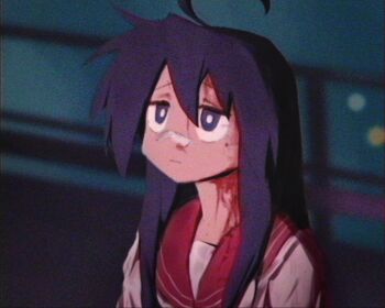 1girl ahoge bandaid bandaid_on_face bandaid_on_nose blade_runner_(series) blade_runner_2049 blood blood_on_face blue_eyes blue_hair crossover goslingposting_(meme) highres huge_ahoge izumi_konata long_hair lucky_star meme mole mole_under_eye nagilamagykalz pink_sailor_collar ryouou_school_uniform sailor_collar scene_reference school_uniform serafuku shirt solo vhs_artifacts white_shirt you_look_lonely_(meme)