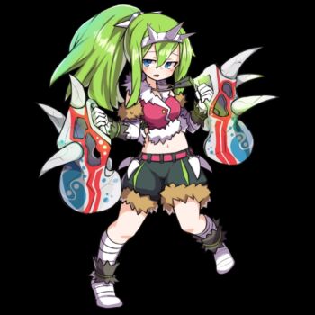 1girl arily_(merc_storia) bandaged_leg bandages belt black_background blue_eyes breasts cropped_jacket detached_sleeves full_body fur-trimmed_jacket fur_trim gloves green_hair grey_shorts highres holding holding_weapon jacket large_breasts long_hair long_sidelocks looking_at_viewer merc_storia merc_storia_art_team navel official_art parted_lips pink_belt pink_jacket ponytail scrunchie shorts sidelocks simple_background solo standing tachi-e weapon white_gloves wrist_scrunchie
